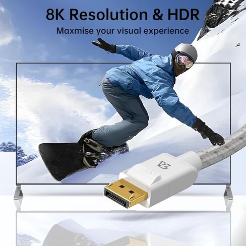 كابل DisplayPort 1.4 المضفر بالقطن، 8K عند 60 هرتز، 5K عند 60 هرتز، 4K عند 120 هرتز ودعم HDR. مناسب لأجهزة الكمبيوتر المحمول والكمبيوتر الشخصي وجهاز العرض والتلفزيون وشاشة الألعاب. أسود، 6.6 قدم (2 متر) أبيض in Kuwait