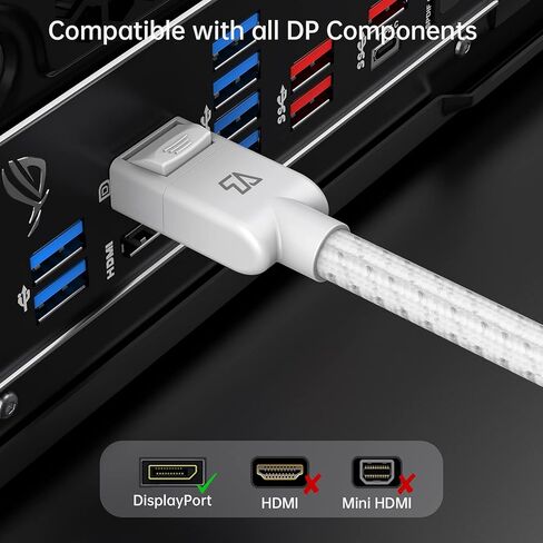 كابل DisplayPort 1.4 المضفر بالقطن، 8K عند 60 هرتز، 5K عند 60 هرتز، 4K عند 120 هرتز ودعم HDR. مناسب لأجهزة الكمبيوتر المحمول والكمبيوتر الشخصي وجهاز العرض والتلفزيون وشاشة الألعاب. أسود، 6.6 قدم (2 متر) أبيض in Kuwait