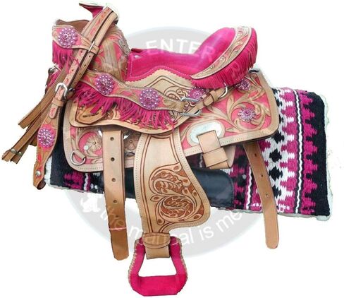 Classic Quality Premium Leather Comfort Western Barrel Racing Trail Equestrian Horse Saddle TACK, Headstall, Breast Collar & REINS Size 15-17 in Saudi Arabia