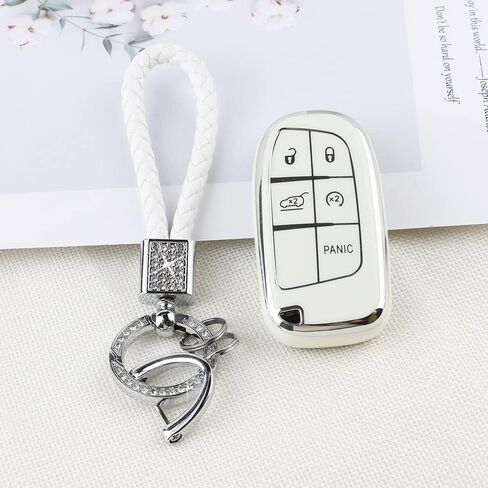 PIFOOG White Key Fob Cover for Jeep Grand Cherokee Compass Renegade Accessories TPU Soft Car Keys Case Shell Protector Bling Keychain 5 Buttons Girly Women Cute in Saudi Arabia