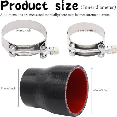 2 إلى 2-12 بوصة قارنة التوصيل المصنوعة من السيليكون الأسود 4 طبقات من تعزيز البوليستر المتوافقة مع أنابيب المبرد الداخلي لسحب الهواء وتطبيقات التوربو مع 2x T-Bolt Clamps (64 مم، 76 مم) in Kuwait