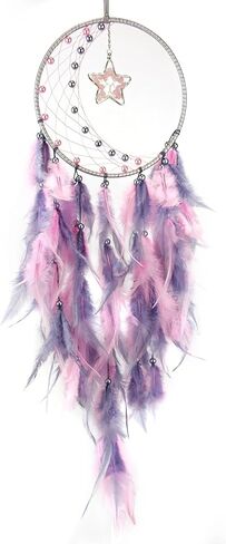 صائدة الأحلام من الريش باللون الوردي والرمادي لغرفة النوم، صائدة الأحلام مع قلادة على شكل نجمة، صائدة الأحلام من شجرة الحياة الكريستالية للهدايا اليدوية المعلقة على الحائط in Kuwait