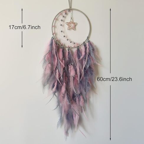 صائدة الأحلام من الريش باللون الوردي والرمادي لغرفة النوم، صائدة الأحلام مع قلادة على شكل نجمة، صائدة الأحلام من شجرة الحياة الكريستالية للهدايا اليدوية المعلقة على الحائط in Kuwait