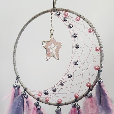 صائدة الأحلام من الريش باللون الوردي والرمادي لغرفة النوم، صائدة الأحلام مع قلادة على شكل نجمة، صائدة الأحلام من شجرة الحياة الكريستالية للهدايا اليدوية المعلقة على الحائط in Kuwait