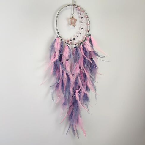 صائدة الأحلام من الريش باللون الوردي والرمادي لغرفة النوم، صائدة الأحلام مع قلادة على شكل نجمة، صائدة الأحلام من شجرة الحياة الكريستالية للهدايا اليدوية المعلقة على الحائط in Kuwait