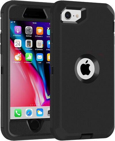 iPhone SE 2020 Case,iPhone SE 2022 Case,3 in 1 Built-in Screen Full Body Protector Phone Case,Shockproof TPU Hard PC Bumper Drop-Proof Shell for iPhone SE 2nd 3nd 4.7" inch (Black/Pink) in Saudi Arabia