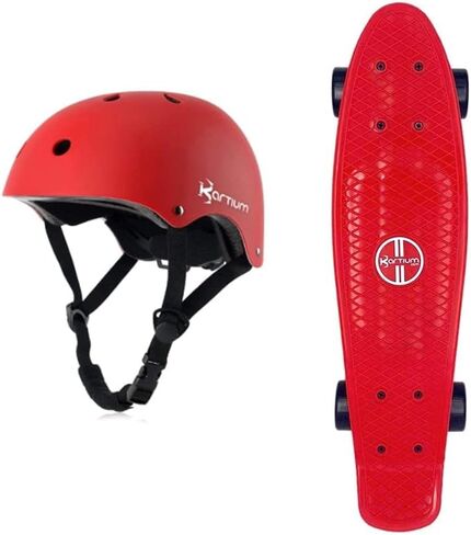 ألواح تزلج كاملة مقاس 22 بوصة، لوح تزلج بلاستيكي صغير من البلاستيك للأطفال والأولاد والبنات والمراهقين والبالغين والمبتدئين (لوح تزلج أحمر + خوذة) in Kuwait