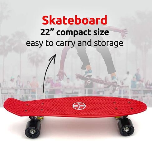 ألواح تزلج كاملة مقاس 22 بوصة، لوح تزلج بلاستيكي صغير من البلاستيك للأطفال والأولاد والبنات والمراهقين والبالغين والمبتدئين (لوح تزلج أحمر + خوذة) in Kuwait