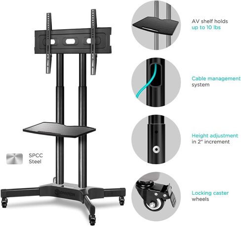 ONKRON Mobile TV Stand on Wheels for 32" - 65" TV up to 110 lbs - Height Adjustable TV Stand with Wheels - max VESA 600x400 - Compact TV Stand Movable/Mobile TV Cart Rolling TV Stand on Wheels Black in Saudi Arabia
