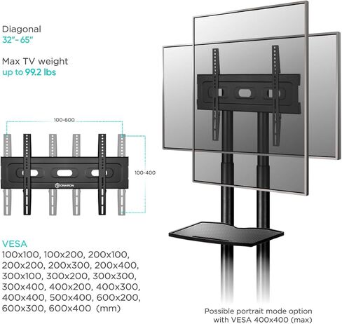 ONKRON Mobile TV Stand on Wheels for 32" - 65" TV up to 110 lbs - Height Adjustable TV Stand with Wheels - max VESA 600x400 - Compact TV Stand Movable/Mobile TV Cart Rolling TV Stand on Wheels Black in Saudi Arabia