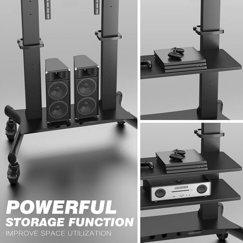 عربة تلفزيون متنقلة من Rfiver بعجلات لأجهزة تلفزيون 60-120 بوصة يصل وزنها إلى 300 رطل، وألواح منحنية مسطحة LCD LED OLED بلازما، وحامل تلفزيون متحرك عالي التحمل، ورف كبير جدًا، و3 مستويات ارتفاع، بحد أقصى 1000 × 600، أسود in Kuwait