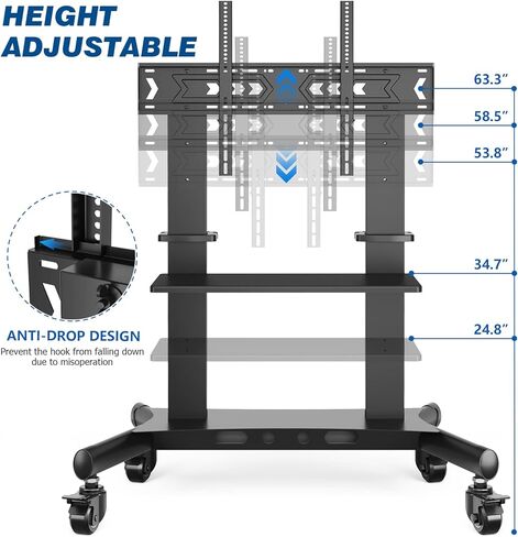 عربة تلفزيون متنقلة من Rfiver بعجلات لأجهزة تلفزيون 60-120 بوصة يصل وزنها إلى 300 رطل، وألواح منحنية مسطحة LCD LED OLED بلازما، وحامل تلفزيون متحرك عالي التحمل، ورف كبير جدًا، و3 مستويات ارتفاع، بحد أقصى 1000 × 600، أسود in Kuwait