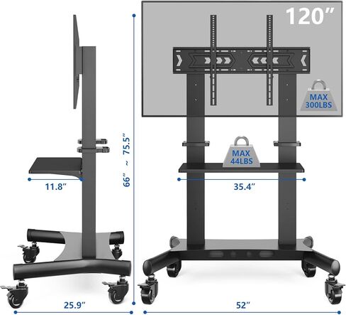 عربة تلفزيون متنقلة من Rfiver بعجلات لأجهزة تلفزيون 60-120 بوصة يصل وزنها إلى 300 رطل، وألواح منحنية مسطحة LCD LED OLED بلازما، وحامل تلفزيون متحرك عالي التحمل، ورف كبير جدًا، و3 مستويات ارتفاع، بحد أقصى 1000 × 600، أسود in Kuwait