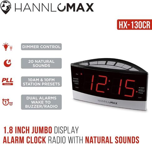 HANNLOMAX HX-130CR Alarm Clock Radio, PLL AM/FM Radio, 20 Natural Sounds, 1.8" LED Display, Dual Alarm, Aux-in. in Kuwait