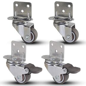 Casoter 1.5"(38mm) L-Shaped Plate Swivel Caster w/Brake, 5 Holes L-Clip Side Mount Plate for Narrow Install Place, TPE Rubber Wheel Move Silent Smooth Sturdy, 4 Pack Total Load Capacity 156Lbs/71Kg