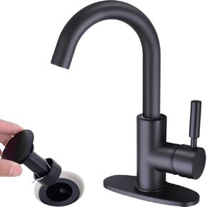 TRUSTMI Brushed Gold Bathroom Faucet 1-Hole with Deck Plate, Single Hole Kitchen Bar Sink Faucet with Overflow Pop-Up Drain, 360 Degree Swivel Spout