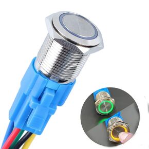 22MM Two Colors LED Metal Latching Push Button Switch Waterproof Anti-Vandal 1NO 1NC SPDT 12V 7/8" Mounting Hole with Pre-Wired Socket for Doorbell Car Boat (Red/Blue Light)