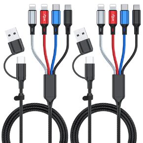 6 in 1 Multi Charging Cable 2Pack-6FT Multi USB Cable 3A Multi Charger Cable Braided Multiple Phone Charger Cable Universal USB A/C Charging Cord with 2*IP/Type C/Micro USB Port for Cell Phone/Tablets