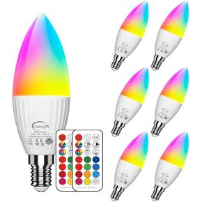 E12 LED Light Bulbs 5W,40W Equivalent, Small Base B11 Candelabra Light Bulbs, Set of 6 LED Color Changing Light Bulbs, Dimmable Color Candle Bulb with Remote Control RGB Cool White 5700K