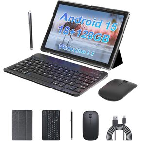 Android 15 Tablet 10 inch Tablet 2 IN 1Tablets with Keyboard Mouse Case Stylus 18GB RAM 128GB ROM 2TB Expand, 1280x800 10.1" IPS HD Touchscreen 6000mAh Battery Bluetooth Dual Camera GMS 5G-WiFi Wifi6