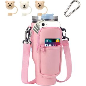 Water Bottle Bag for Stanley 40 oz (Approx. 1134.0 ml) Water Bottle Holder with Cell Phone Pocket and Organizer Pouch, Adjustable Shoulder Strap with 2 Straw Flaps and Mountaineering Buckle