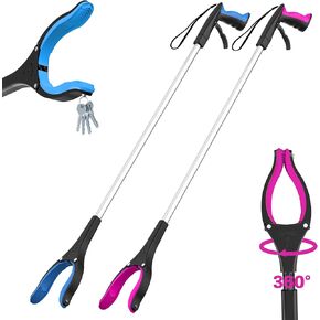 2-Pack 32 and 43 Inch Extra Long Grabber Reacher Tool Intergrated Design for Heavy Duty,Lightweight Trash Picker for Seniors with 360° Rotating Jaw Magnets，Elderly Stick 4" Wide Claw Opening Blue