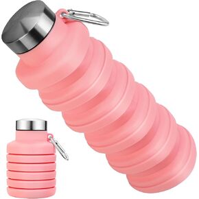 Collapsible Water Bottles, Reuseable Collapsible Water Bottle 16oz, BPA-Free Silicone Travel Water Bottle, Leakproof Foldable Water Bottles for Traveling Camping Hiking Sports - Pink