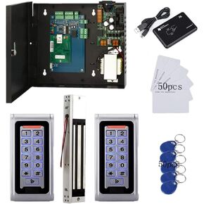 MENGQI-CONTROL 2 Door Track in and Out Security Entry System with 4 RFID Keypad Reader+600lbs Electronic Magnetic Lock+Metal Exit Button+Power Supply Box+FRID Cards/Key fobs TCP/IP Phone APP