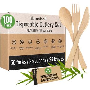 100% Bamboo Cutlery Set - 100 Biodegradable Utensils (50 Forks, 25 Spoons, 25 Knives) | Reusable or Disposable Bamboo Flatware | Compostable FSC Certified Utensils for Weddings, Camping, Party