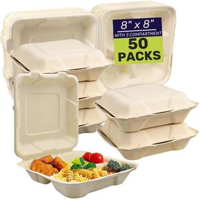 SoGreenPack Eco-Friendly Bagasse Clamshell To-Go Containers 9x9 with Lids - Heavy-Duty Biodegradable Take Out Food Boxes, Perfect Disposable Lunch and Carry Out Containers (100 Packs)