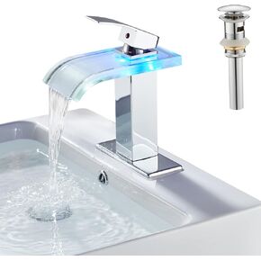 LOOPAN LED Bathroom Sink Faucet 1 Hole Waterfall Single Handle Faucet Black Glass Spout with Pop Up Drain Single Hole Bath Vanity Faucets for Sinks 2 Water Supply Lines