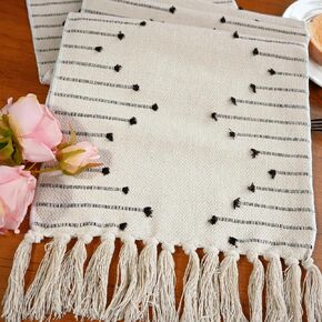 Boho Table Runner with Tassel for Kitchen Dining Rustic Cotton Woven Table Runner for Farmhouse Modern Home Decor Small Coffee Table (13 x 90 Inch,Beige with Taupe Stripes)