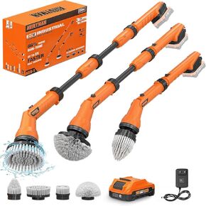 2 Battery Electric Spin Scrubber, 1000RPM Cordless Cleaning Brush Waterproof with 20V Power Supplied, Adjustable Extension Handle, 4 Replaceable Cleaning Heads, Hook, Gloves - for Tub/Tile/Wall/Floor