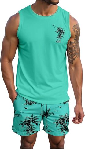 SOLY HUX Men's Short Sets 2 Piece Outfits Summer Tropical Print Tank Tops and Drawstring Shorts Sets in Kuwait