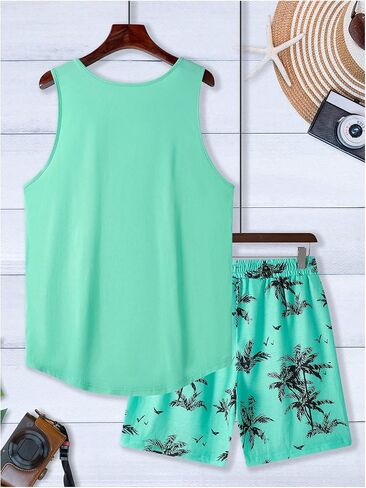 SOLY HUX Men's Short Sets 2 Piece Outfits Summer Tropical Print Tank Tops and Drawstring Shorts Sets in Kuwait