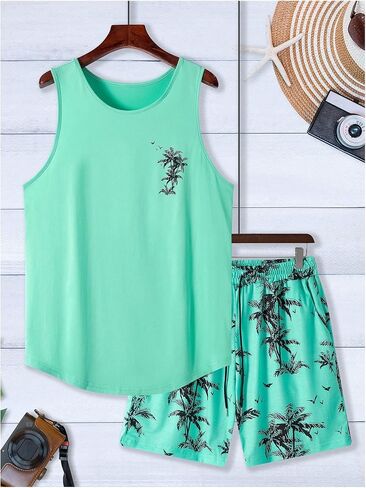 SOLY HUX Men's Short Sets 2 Piece Outfits Summer Tropical Print Tank Tops and Drawstring Shorts Sets in Kuwait