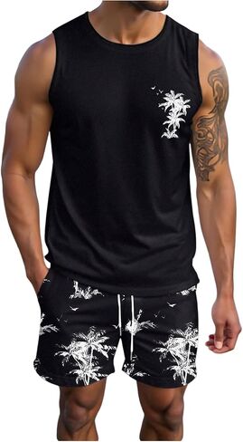 SOLY HUX Men's Short Sets 2 Piece Outfits Summer Tropical Print Tank Tops and Drawstring Shorts Sets in Kuwait