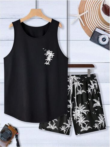 SOLY HUX Men's Short Sets 2 Piece Outfits Summer Tropical Print Tank Tops and Drawstring Shorts Sets in Kuwait