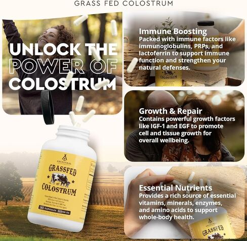Ancestral Supplements Grass Fed Beef Bovine Colostrum Powder Packets, Immune Support Supplement, Gut, Skin & Hair Health Support Supplements, Promotes Growth and Repair, Non GMO, 30 Sticks, Unflavored in Saudi Arabia