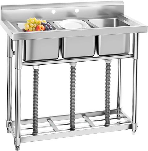 حوض غسيل قائم بذاته من الفولاذ المقاوم للصدأ مكون من 3 أوعية مع صنبور للمرآب وغرفة الغسيل والمطبخ والمطاعم، درجة تجارية، متين وسهل التنظيف، مثالي لاحتياجات التنظيف المنزلية والعملية in Kuwait