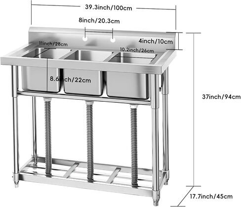 حوض غسيل قائم بذاته من الفولاذ المقاوم للصدأ مكون من 3 أوعية مع صنبور للمرآب وغرفة الغسيل والمطبخ والمطاعم، درجة تجارية، متين وسهل التنظيف، مثالي لاحتياجات التنظيف المنزلية والعملية in Kuwait