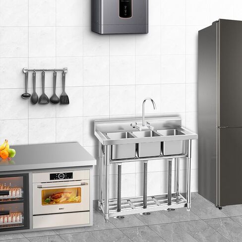 حوض غسيل قائم بذاته من الفولاذ المقاوم للصدأ مكون من 3 أوعية مع صنبور للمرآب وغرفة الغسيل والمطبخ والمطاعم، درجة تجارية، متين وسهل التنظيف، مثالي لاحتياجات التنظيف المنزلية والعملية in Kuwait