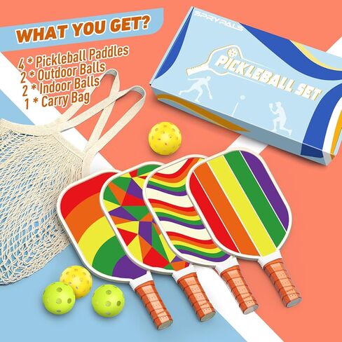 مجموعة مجاديف Pickleball المكونة من 4 قطع، مجموعة كرات Pickleball الخشبية الفاخرة المعتمدة من الولايات المتحدة الأمريكية مع 4 كرات Pickleball و1 حقيبة حمل مضارب Pickleball مع قبضة وسادة مريحة للمبتدئين والمحترفين هدايا للنساء والشباب in Kuwait
