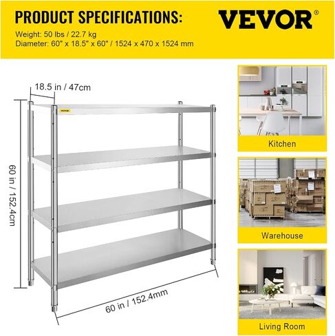 VBENLEM Stainless Steel Shelves 48x18.5 Inch 5 Tier Adjustable Shelf Storage Unit Stainless Steel Rack Shelving Heavy Duty Shelving for Kitchen Commercial Office Garage Storage 330lb Per Shelf in Saudi Arabia