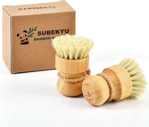 SUBEKYU Bamboo Dish Scrub Brushes, Kitchen Wooden Cleaning Scrubbers Set for Washing Cast Iron Pan/Pot, Natural Sisal Bristles, Set of 2 in Saudi Arabia
