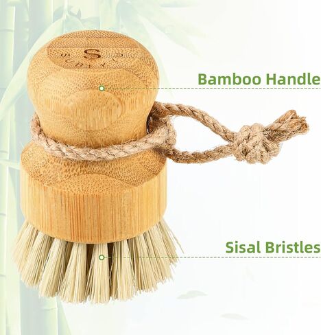 SUBEKYU Bamboo Dish Scrub Brushes, Kitchen Wooden Cleaning Scrubbers Set for Washing Cast Iron Pan/Pot, Natural Sisal Bristles, Set of 2 in Saudi Arabia