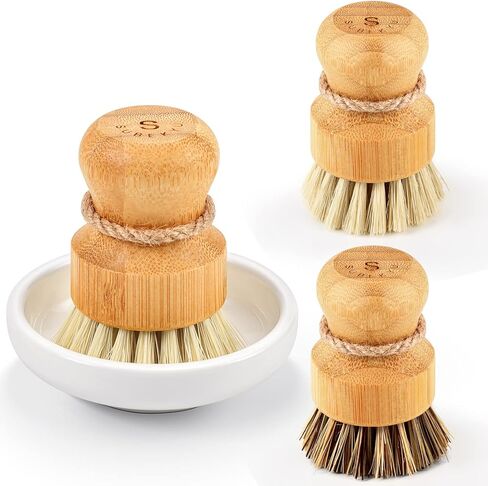 SUBEKYU Bamboo Dish Scrub Brushes, Kitchen Wooden Cleaning Scrubbers Set for Washing Cast Iron Pan/Pot, Natural Sisal Bristles, Set of 2 in Saudi Arabia