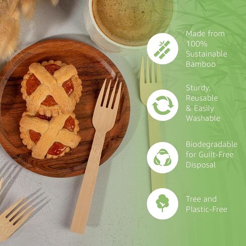 100% Bamboo Cutlery Set - 100 Biodegradable Utensils (50 Forks, 25 Spoons, 25 Knives) | Reusable or Disposable Bamboo Flatware | Compostable FSC Certified Utensils for Weddings, Camping, Party in Saudi Arabia