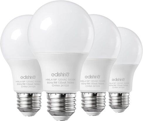 EDISHINE 4-Pack A19 LED Light Bulb, 760LM, 3000K Soft Warm Light Bulb, Energy Saving 9W(60W Equivalent) LED Bulb, E26 Medium Screw Base, Non Dimmable, UL Listed in Saudi Arabia