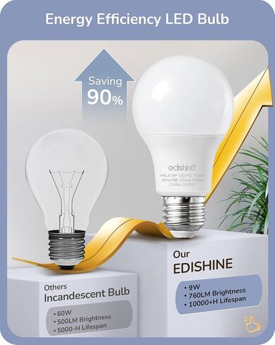 EDISHINE 4-Pack A19 LED Light Bulb, 760LM, 3000K Soft Warm Light Bulb, Energy Saving 9W(60W Equivalent) LED Bulb, E26 Medium Screw Base, Non Dimmable, UL Listed in Saudi Arabia
